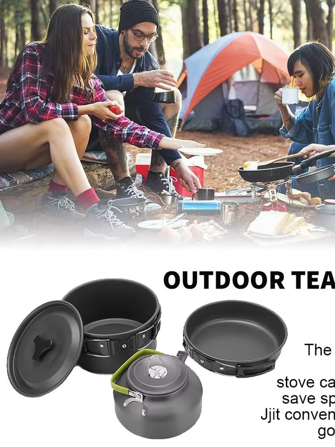 9-teiliges Camping-Kochgeschirr-Set von LONENESSL aus Aluminium mit Pfanne, Topf und Wasserkessel für Outdoor und Wandern - Bild 7