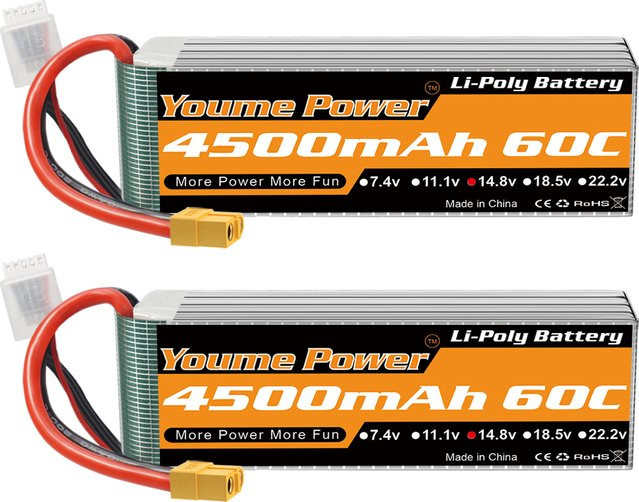 Youme 4S LiPo Akku 14,8 V 4500 mAh 60C mit XT60 und EC5 Anschlüssen für RC FPV Flugzeuge, Drohnen, Racing-Boote und Autos - Bild 1