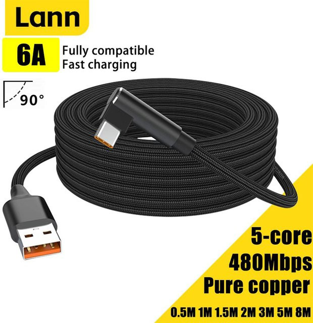 Lann USB-C Datenkabel mit 6A Schnellladung und Ellenbogen-Stecker, Schwarz, Länge: 3 m - Bild 1