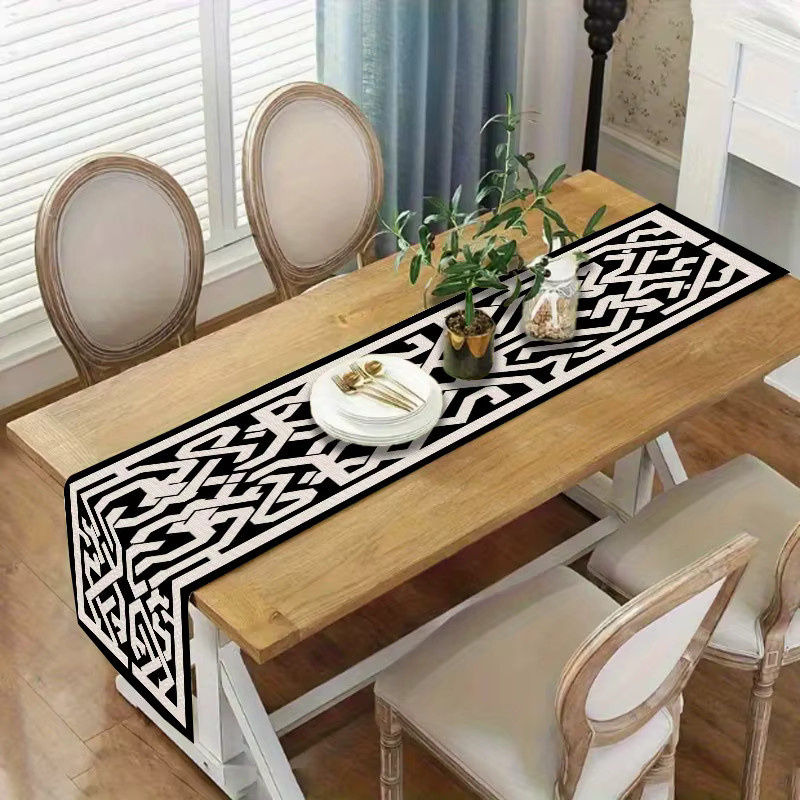 VIKAMA Tischläufer mit geometrischer arabischer Kalligrafie in Schwarz-Weiß, modernes Leinen-Design für deine Tischdekoration - Bild 3