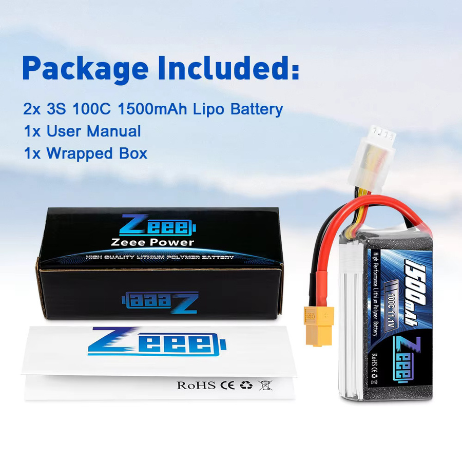 2er-Set zeee 3S LiPo Akku 11,1 V 1500 mAh 100C mit XT60 Stecker im Softcase für RC Auto, Drohne und Flugzeug - Bild 3