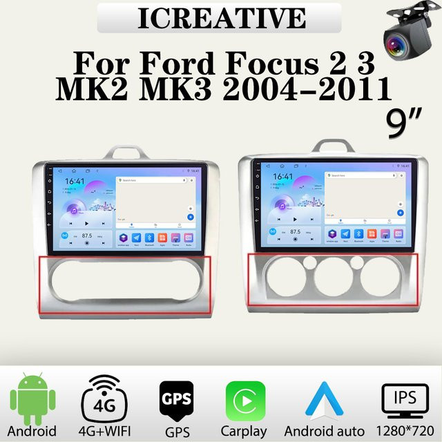 Icreative Android Multimedia Player für Ford Focus 2 3 Mk2 Mk3 2004-2011 mit Wireless Carplay, GPS und Bluetooth, 2din Stereo Autoradio in Schwarz - Bild 1