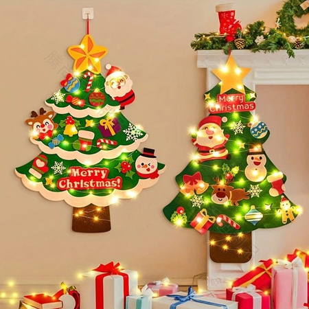 DIY Filz Weihnachtsbaum Wandbehang mit Schnur und Licht in Grün als Bastelset für Kinder