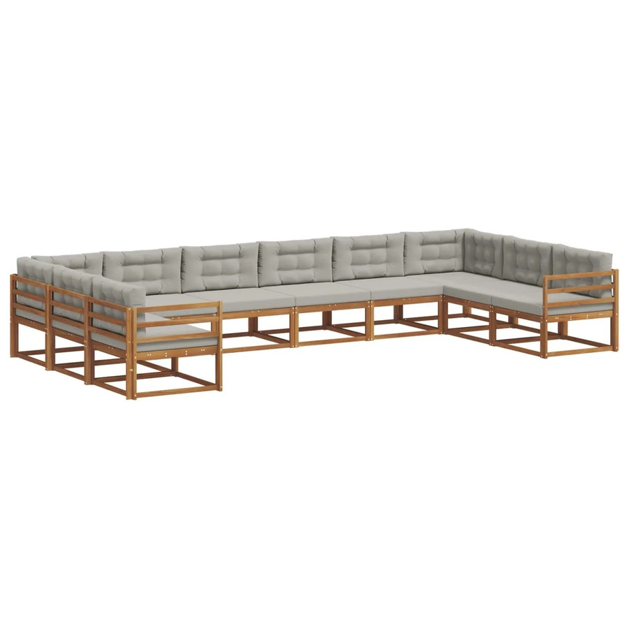 vidaXL Outdoor-Sofagarnitur aus massivem Akazienholz in U-Form, 10-teiliges Set in Natur und Hellgrau mit wetterfesten Kissen - Bild 2