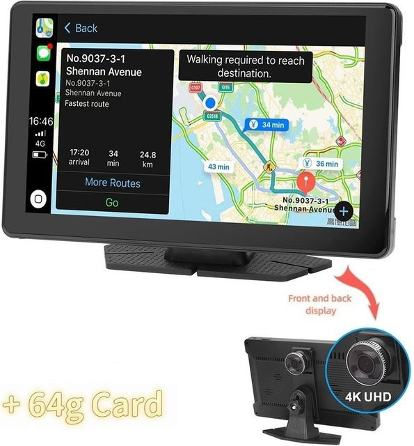CANKE 4K Dashcam mit 9 Zoll High-Definition Display, Wireless CarPlay und WiFi-Navigation, Dual-Recording Fahrtenrekorder inklusive 64 GB SD-Karte, Schwarz - Bild 1