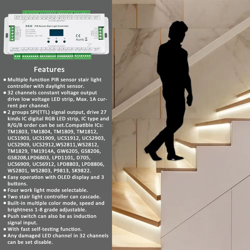 32CH ES32 PIR Treppenstufen-Licht-Controller mit LED-Bewegungsmelder und Nachtlicht, 12 V, Infrarot-induktiver Schalter für Treppen und LED-Streifen - Bild 2