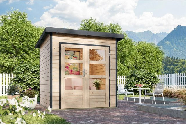 Karibu Gartenhaus Domingo 1 A in Natur-Anthrazit aus Holz und Metall - Bild 1