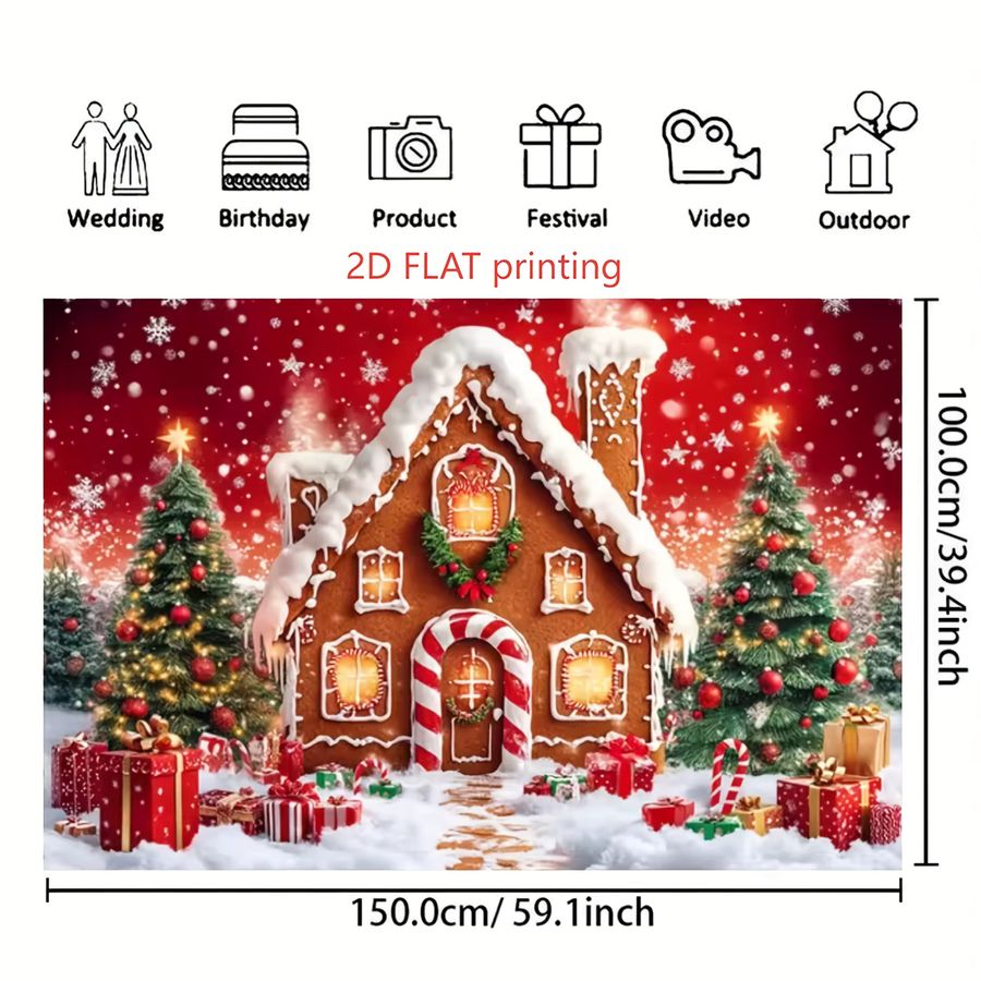 VIKAMA Weihnachts Wandteppich mit Lebkuchenhaus und Lichterkette in Schneeszene als Wandbehang zur Raumdekoration - Bild 2