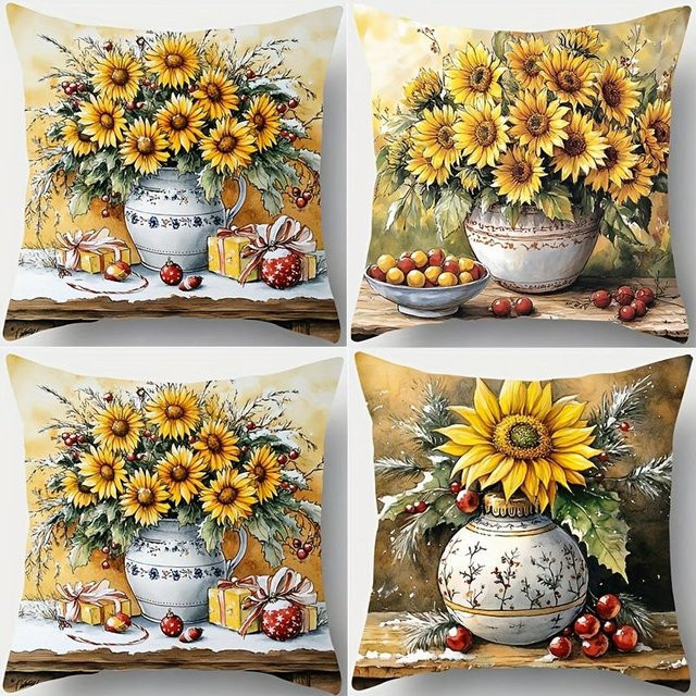 4er-Set Sonnenblumen Kissenbezüge aus Plüsch mit Digitaldruck in Weiß und Gelb, B/T/H: 35 x 35 x 35 cm - Bild 1