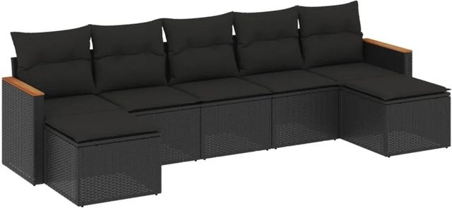 vidaXL 7-tlg Garten-Sofagarnitur aus Polyrattan und Akazienholz in Schwarz mit Kissen und Stauraum - Bild 1
