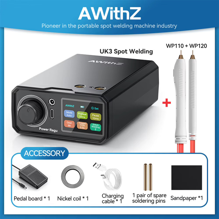 AWithZ UK3 Tragbares Pedal-Punktschweißgerät Typ C in Schwarz zum Aufladen von 18650-Lithiumbatterien inklusive Nickelblech für DIY-Projekte - Bild 2