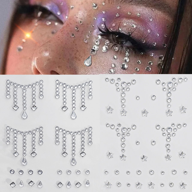 HotPress Gesichtstattoos, 3D-Tränenkette und Sterne, Strass-Abziehbilder, glänzend, Damen - Bild 1