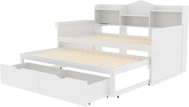 Merax Schlafsofa mit Ausziehbett, Schubladen und USB-Ladeport, Weiß, B/T/H: 90 x 200 x 120 cm - Bild 1