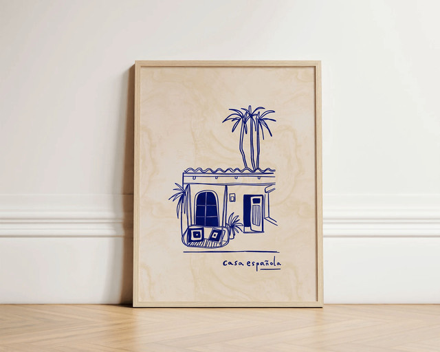 SHENCHEN Retro Wandkunst Casa Espanol in Blau, Spanisches Haus Sommer-Ästhetik als ungerahmter Kunstdruck auf Papier - Bild 1