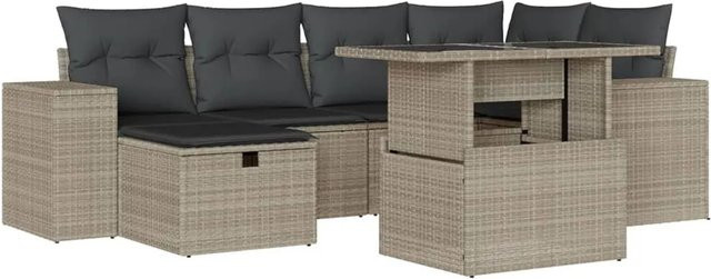vidaXL 7-tlg. Garten-Sofagarnitur in L-Form mit Kissen und Couchtisch, Hellgrau - Bild 1