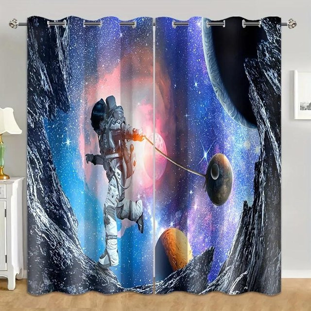 Astronaut Weltraum Vorhang mit Sternenhimmel und Galaxie Design, bunt, semi-transparent, 2er-Set, B: 50 cm, H: 50 cm - Bild 1