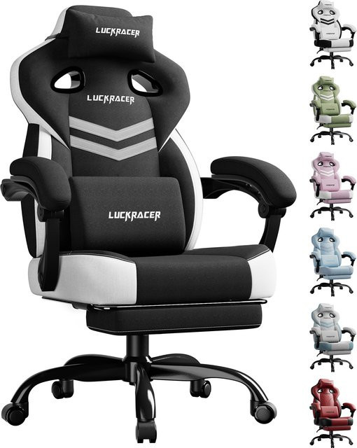 LUCKRACER Gaming Stuhl in Schwarz mit verbundenen Armlehnen, Memory-Schaum-Kissen, Fußstütze und verstellbarem Neigungswinkel von 90–155 Grad - Bild 1