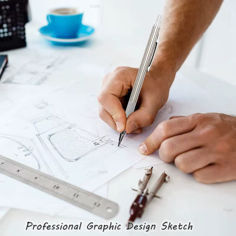 Hopk Vollmetall Druckbleistift-Set in Silber mit HB Graphitminen für Profis zum Zeichnen und Skizzieren - Bild 3