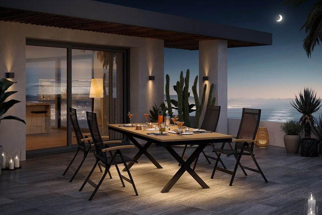 OUTFLEXX Luminara Garten-Essgruppe mit LED-Beleuchtung in Anthrazit Matt, bestehend aus einem rechteckigen Tisch und 4 Klappstühlen aus Aluminium, Textilien und Holzimitat, B: 240 cm, T: 100 cm, H: 75 cm - Bild 1