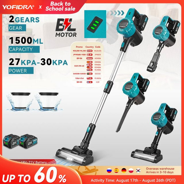 YOFIDRA Akku-Staubsauger 1800W mit 30KPa Saugleistung, 1.5L Behälter, Blau, kompatibel mit Makita 21V Akku - Bild 1