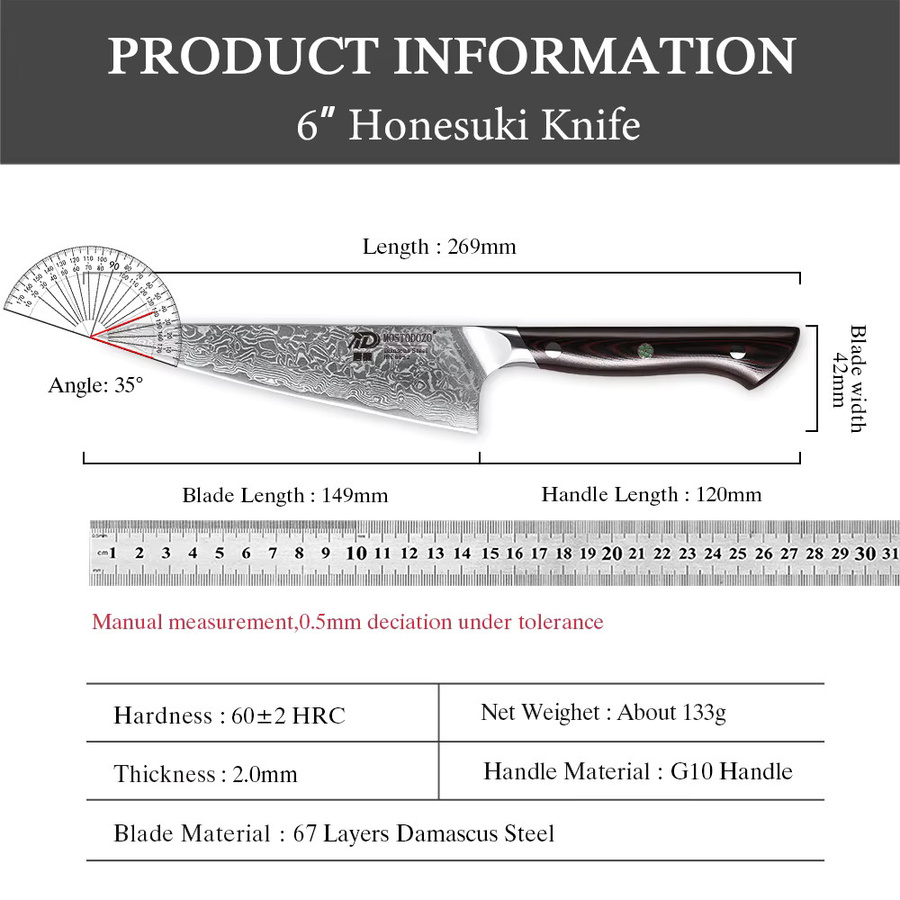 MOSTODOZO Honesuki-Küchenmesser aus Damaszener Stahl mit G10-Griff, 6 Zoll (15,24 cm) - Bild 5