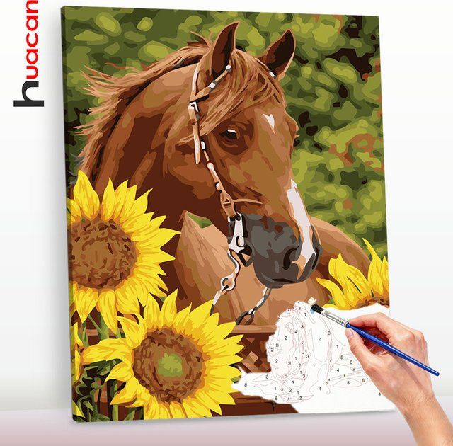 Huacan Malen nach Zahlen Set, Pferd und Sonnenblume, Leinwand, Bunt - Bild 1