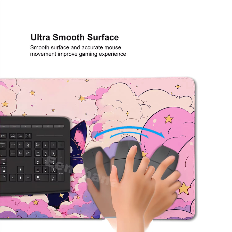 Eenehana Mauspad Kawaii Kunst Stil Schwarze Katze auf Wolken in Rosa - Bild 3