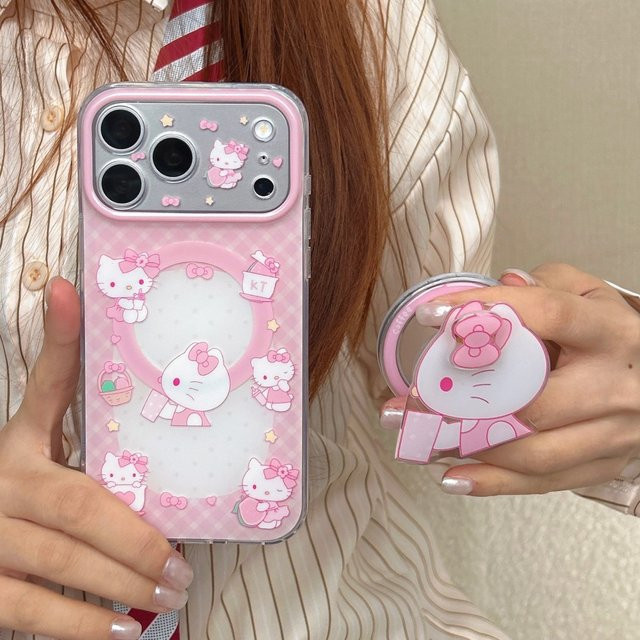 Sanrio Hello Kitty Handyhülle mit rosa Schleife und Magnetischem Halter für iPhone 17 16 15 Pro Max, stoßfest und kabelloses Laden kompatibel - Bild 1