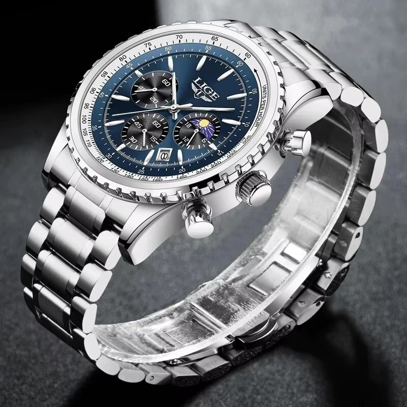 Lige Armbanduhr, Quarz, Chronograph, Edelstahl, Blau, Herren - Bild 4