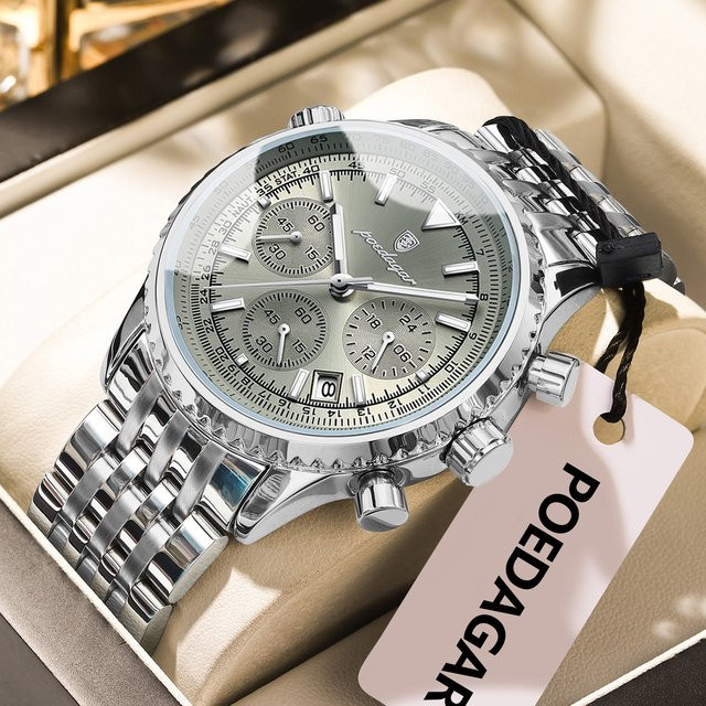 POEDAGAR Armbanduhr, Chronograph, Quarz, Edelstahl, Silber, Herren - Bild 1