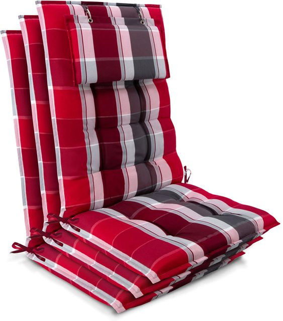 Beautissu 3er Set Sun-HL Hochlehner Auflage Rot-Gestreift B/T/H: 120 x 50 x 8 cm - Bild 1