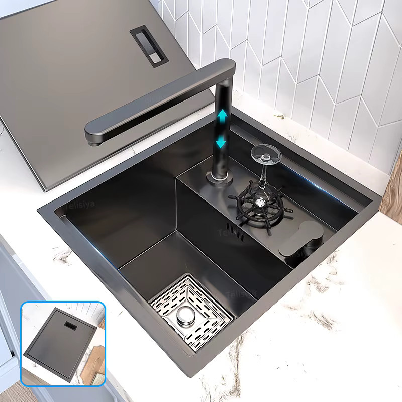 TELISIYA Mini Edelstahl-Spülbecken mit Reiskorn-Prägung in Silber oder Schwarz, multifunktionales Einzelbecken für Wohnmobil und Haushalt - Bild 4