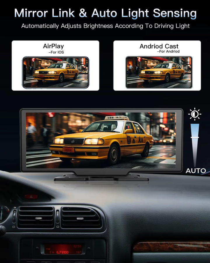 Srnubi Kabelloser Carplay Bildschirm für das Auto mit 7 bis 10,26 Zoll Display, Android Auto Dash Cam mit 4K DVR, 1080P Rückfahrkamera und AUX Anschluss, Schwarz - Bild 3