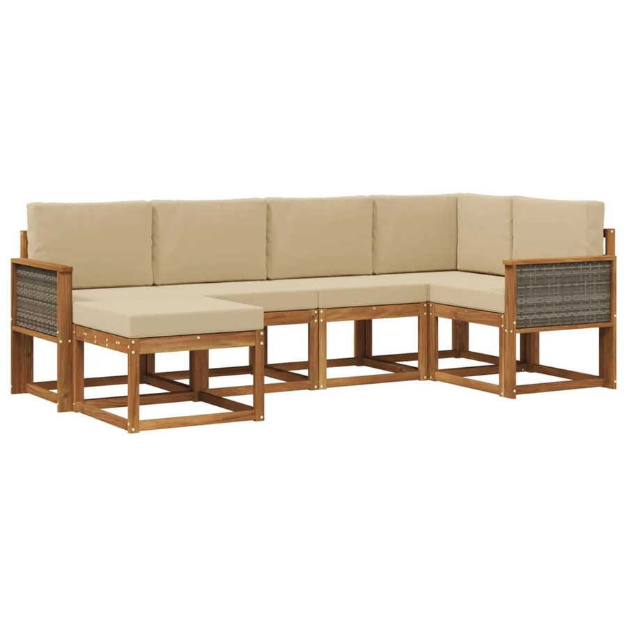 vidaXL Outdoor-Sofagarnitur in L-Form aus Akazienholz mit 6 Teilen und Kissen, Beige/Natur - Bild 2