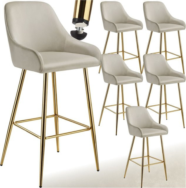 tectake Barstuhl Avane Set 6er, Samtoptik, gepolstert mit Rückenlehne und Fußstütze, Beige Gold, B/T/H: 57 x 48,5 x 108 cm - Bild 1
