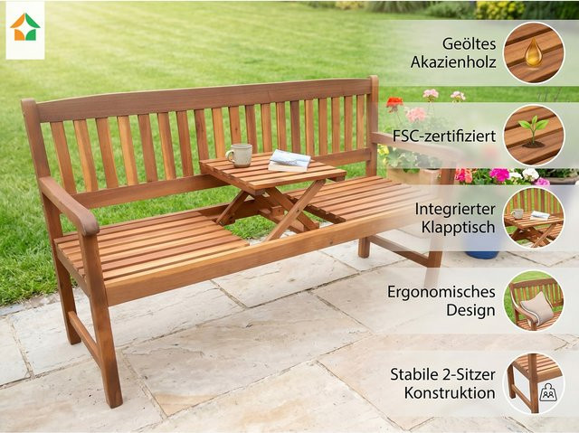 Prestige Home Living 2-Sitzer Gartenbank mit Klapptisch aus FSC Akazienholz in Braun, B/T/H: 153 x 57 x 88 cm - Bild 1