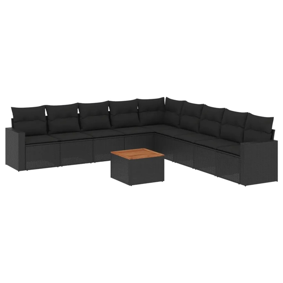 vidaXL 10-tlg. Garten-Sofagarnitur in L-Form aus Polyrattan und Akazienholz mit Kissen, Schwarz - Bild 2