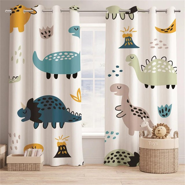 Yiran Furniture Dinosaurier Kinder Vorhänge mit 3D Enzyklopädie-Motiv, 2 Paneele, halbtransparent, Mehrfarbig, Breite: 150 cm, Höhe: 166 cm - Bild 1