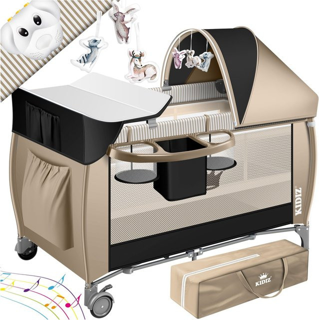 KIDIZ Reisebett für Babys mit Matratze, Wickelauflage, Moskitonetz, Spielbogen und Tragetasche, faltbares Kinderbett mit Seiteneingang, B/T: 120 x 60 cm - Bild 1