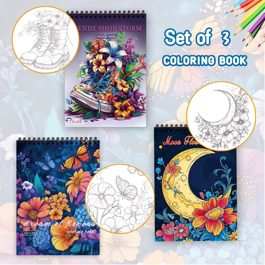 3-teiliges Malbuch-Set für Erwachsene mit Fantasy-Sternen, Mond und Blumenmustern, 30 Seiten, spiralförmig gebunden, mehrfarbig - Bild 2