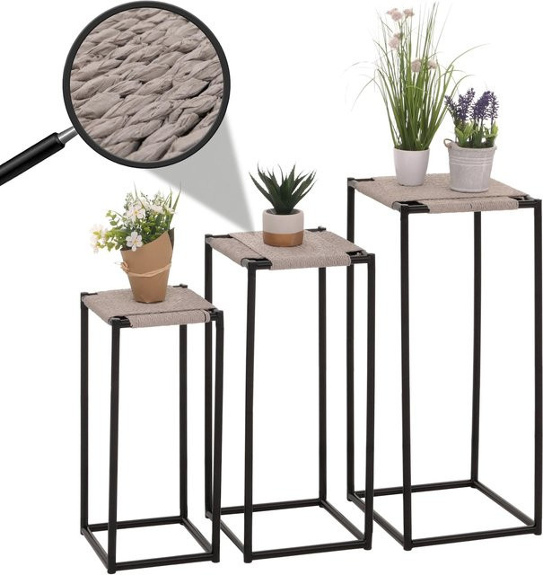 MCW 3er-Set Blumentisch MCW-N70 stapelbar aus Metall mit Papierseil-Geflecht in Grau - Bild 3