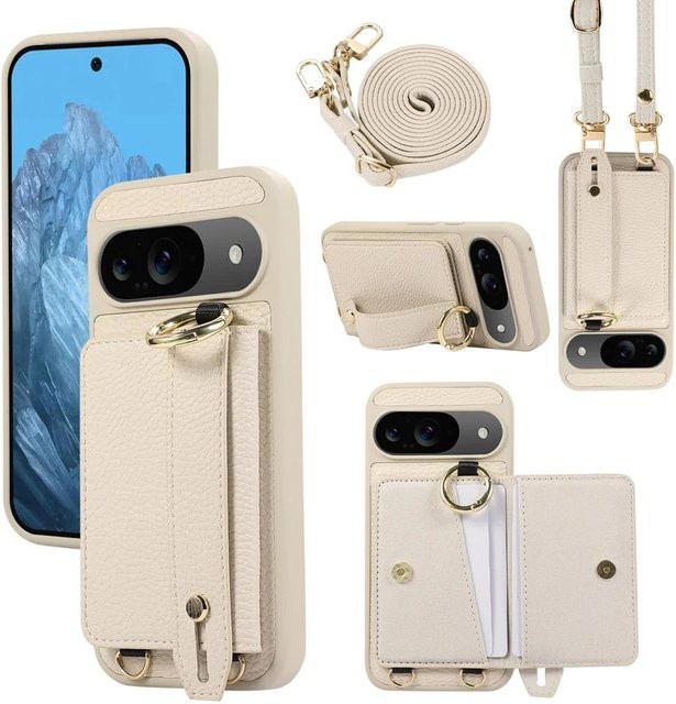 Leder Geldbörsenhülle mit Crossbody-Handgelenkriemen und Ringhalter für Google Pixel 9, 8 Pro, 8, 8a, 7a in Beige, stoßfeste Handyhülle - Bild 1