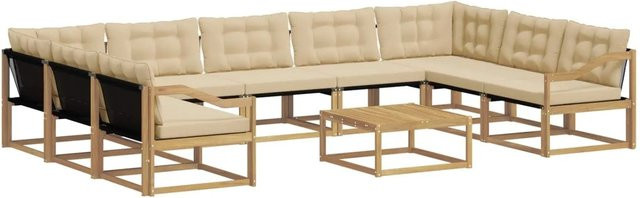 vidaXL Outdoor-Sofagarnitur in L-Form aus massivem Akazienholz mit Textilene-Bezug und Kissen, 10-teilig, Weiß und Beige - Bild 1
