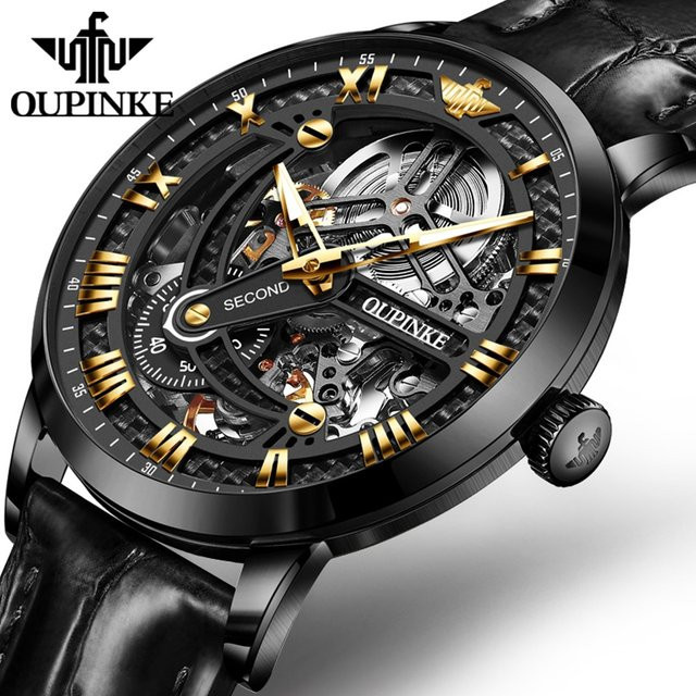 Oupinke Armbanduhr, Automatik, Leder, Saphirglas, Herren, Schwarz - Bild 1