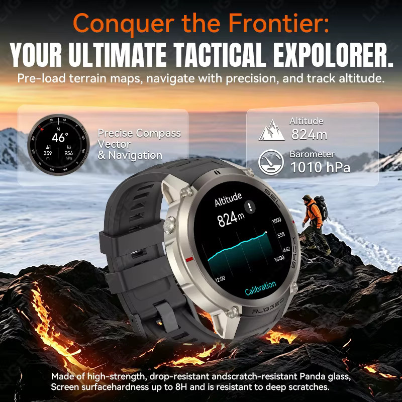 LIGE Taktische Outdoor GPS Smartwatch mit Offline-Karte, Kompass und Herzfrequenzmesser, 5ATM Wasserdicht, Bluetooth Telefonie, Farbe: Schwarz - Bild 4