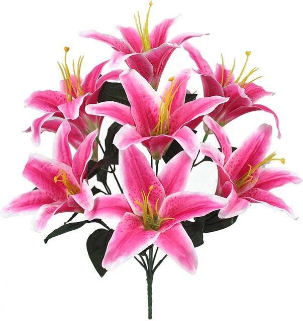 Künstlicher Seidenblumenstrauß mit Lilien und Tigerorchideen in Dunkelrosa für deine Heimdeko und Hochzeitsarrangements - Bild 1