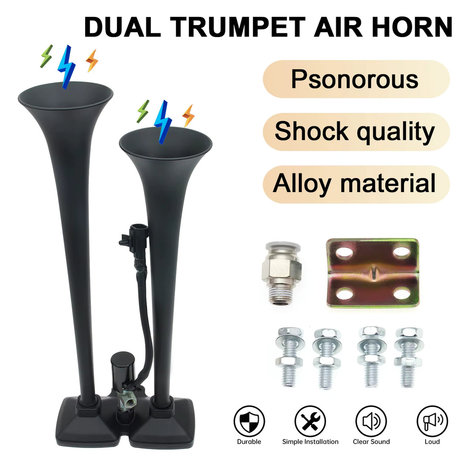 ZMFJH 24V Dual Trompete Air Horn Elektrische Hupe mit Magnetventil und Sirene für Auto, Boot, LKW und Anhänger, Schwarz - Bild 2