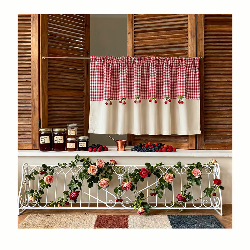 Tiyana Café Vorhang mit Karomuster und Kirschdekor, Halb-Blackout Kurzvorhang für Wohnzimmer, Küche oder Schlafzimmer, Rot/Braun, Breite: 60 cm, Höhe: 100 cm - Bild 5