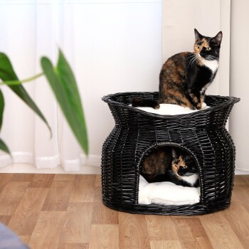 Lionto Weidenkorb für Katzen als Höhle in Schwarz mit herausnehmbarem Kissen - Bild 2