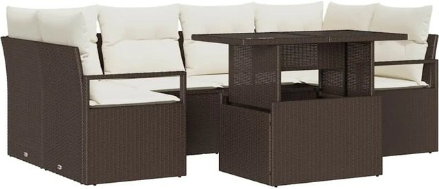 vidaXL Garten-Sofa-Set aus Poly-Rattan in Braun, 7-teiliges L-Shape Lounge-Set mit Polsterkissen und integriertem Stauraum - Bild 1